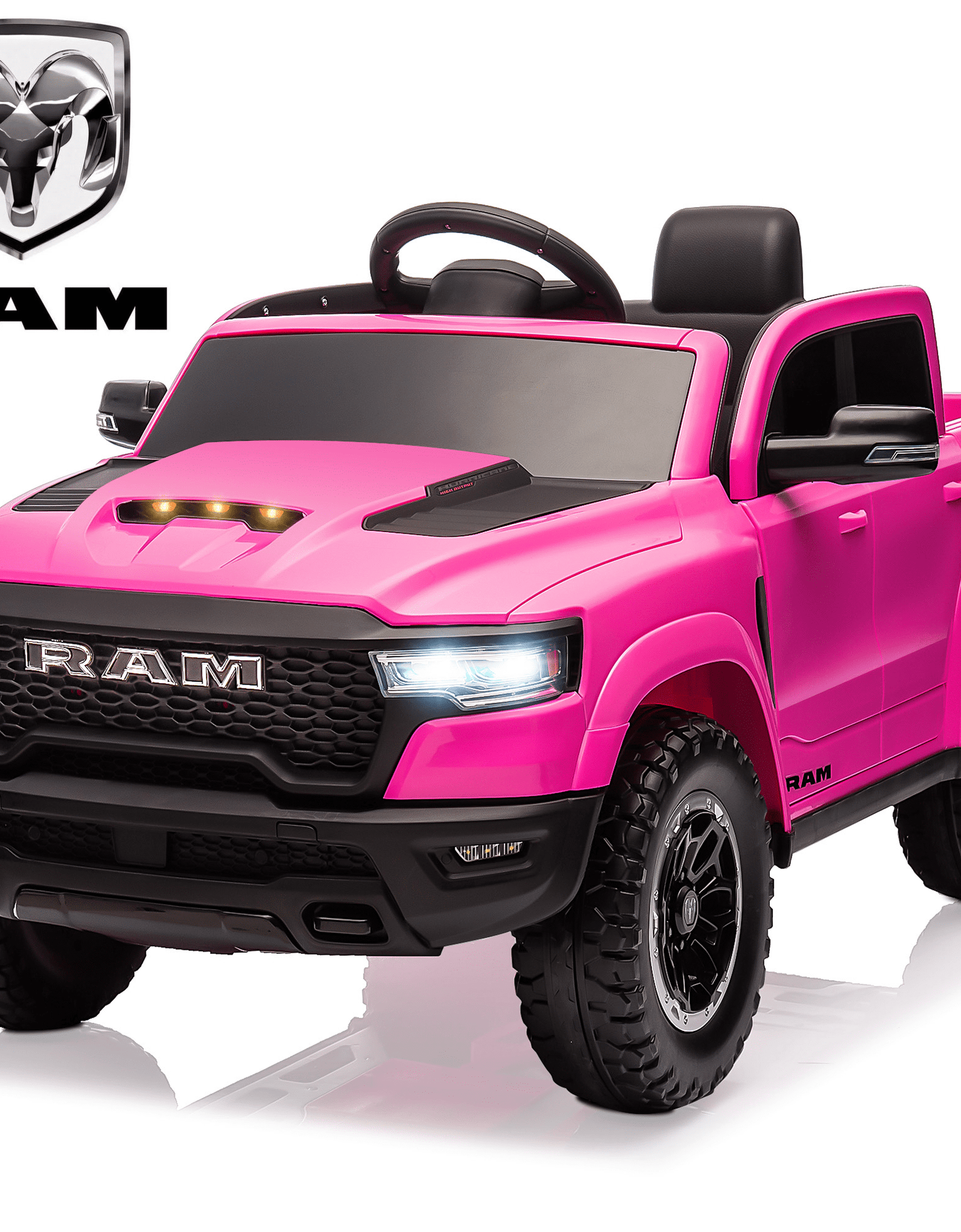 RAM Ride on Car, 12V Powered Ride on Toy with Remote Control, 4 Wheel Suspension, 5 Point Safety Belt, MP3 Player, Bluetooth, LED Lights, Electric Cars for 3-8 Years Boys Girls